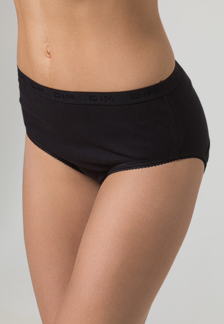 Black ribbed cotton brief with a smooth texture, featuring a contrasting waistband with brand logo and decorative lace trim at the leg openings.