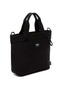 Czarna torba na zakupy Vans z dwiema rączkami, z przodu naszywka z logo, bocznymi klipsami i trwałą metką z materiału Cordura na białym tle.