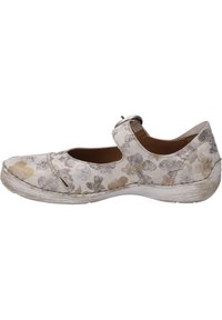 Flache, beige Mary Jane-Schuhe mit floralem Muster in Grau und Gold, aus Leder, runder Zehenform, Riemen mit metallenem Akzent und strukturiertem Gummisohlen.