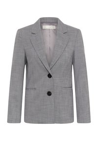 Grijze damesblazer met subtiel ruitpatroon, twee zwarte knopen, ingesneden revers en steekzakken aan de voorkant, getoond op een witte achtergrond.