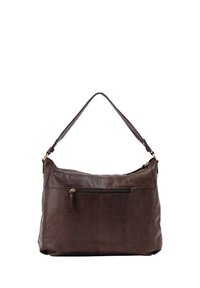 Borsa a spalla in pelle marrone con parte superiore curva, base piatta e manico regolabile. Presenta una tasca con zip frontale e una texture liscia.