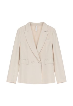 Blazer beige chiaro realizzato in tessuto liscio, con chiusura doppiopetto, rever a risvolto e due tasche frontali a toppa.
