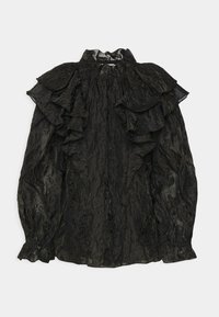 Blusa nera con spalline arricciate, collo alto, maniche lunghe e tessuto testurizzato, caratterizzata da un motivo floreale e polsini elasticizzati.