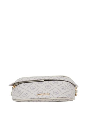 Pochette rectangulaire beige Carlo Collucci avec motif logo répété, marquage doré et fermeture éclair supérieure.