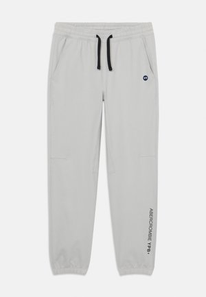 Light grey sweatpants with an elastic waistband, black drawstring, side pockets, and "ABERCROMBIE YPB" printed in black down the leg.