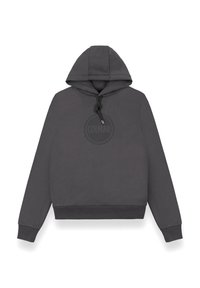 Grå luvtröja med dragsko och en cirkulär logotyp på framsidan. Tillverkad av mjukt tyg med ribbade muddar och nederkant.