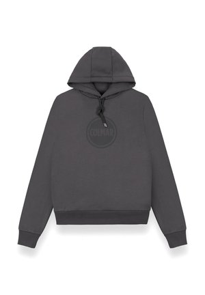 Szara bluza z kapturem i sznurkiem, z okrągłym logo na przodzie. Wykonana z miękkiego materiału, z ściągaczami przy mankietach i u dołu.