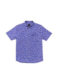Short-sleeve button-up shirt featuring a blue background with white flower pattern, made from lightweight fabric, with a standard collar and pocket.