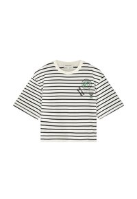 Gestreepte T-shirt met korte mouwen in wit en zwart, met een kleine geborduurde grafiek van een cocktailglas en bestek op de linkerborst.
