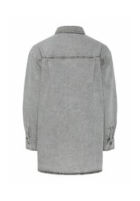 Veste en jean grise oversize avec manches longues, poignets boutonnés et col classique vue de dos.