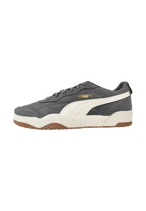 Zapatilla deportiva gris con parte superior lisa, franja lateral blanca y suela de goma texturizada. Destacada con un logotipo dorado cerca de los cordones.