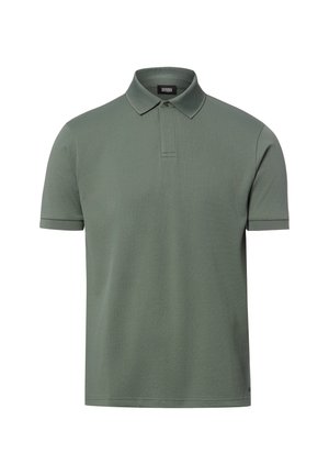 Olivgrünes Poloshirt mit kurzen Ärmeln, klassischem Kragen und durchgehendem Knopfverschluss, strukturierter Stoff, auf weißem Hintergrund präsentiert.