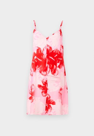 Blumenkleid mit pinkem Grundton und großen roten und weißen Blumenmustern, verstellbaren Spaghettiträgern und gerader Silhouette.