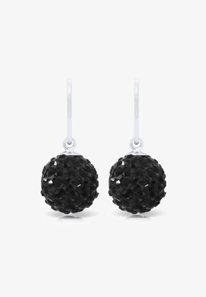 Paire de boucles d'oreilles à crochets en argent avec des perles sphériques noires texturées recouvertes de petits cristaux facettés.
