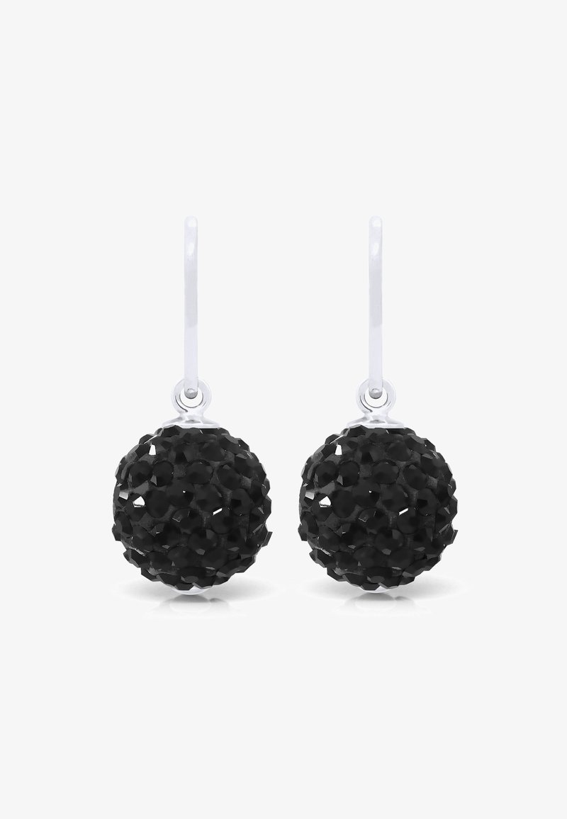 Pair of silver hook earrings with spherical black textured beads covered in small faceted crystals.