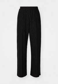 Black, wide-leg pants with white vertical pinstripes, featuring an elastic waistband for comfort and a smooth, soft texture.