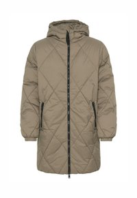 Gepolsterte Parka in Hellbraun, mit Kapuze, Frontzipp und zwei seitlichen Taschen mit schwarzen Akzenten sowie elastischen Bündchen.