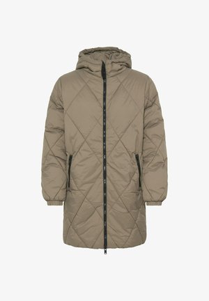 Parka trapuntata di colore marrone chiaro, con cappuccio, zip frontale e due tasche laterali con dettagli neri e polsini elasticizzati.