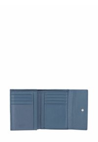 Portefeuille en cuir bleu foncé avec plusieurs emplacements pour cartes, une fenêtre d'identification transparente et une fermeture à bouton-pression. Texture lisse, coutures minimales.