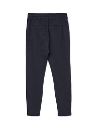 Navy jogger pants made of soft fabric, featuring an elastic waistband, two rear pockets, and a tapered leg design.