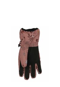 Trädgårdshandskar med en blommig rosa utsida och svart texturerad handflata. Har en åtdragen handled för en säker passform.