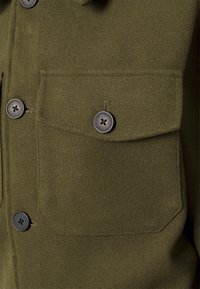 Detalje af olivengrøn uldjakke med en klaplomme og to sorte knapper, der viser en blød tekstur og rene sømme.