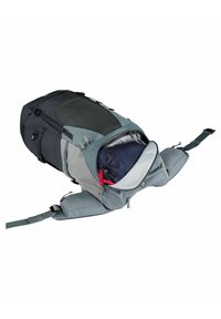 Grau- und türkisfarbener Rucksack mit einem oberen Reißverschluss. Verfügt über mehrere F�ächer, verstellbare Riemen und ein gemustertes Innenfutter.