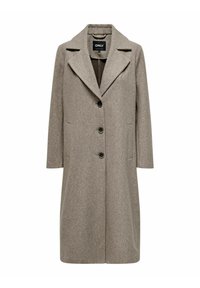 Abrigo largo de lana marrón con cuello con muescas, tres botones y dos bolsillos laterales; textura suave y diseño ajustado.