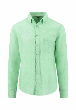 Jasnozielona koszula z długim rękawem, zapinana na guziki, z kołnierzykiem na guziki i pojedynczą kieszenią na piersi, rozmiar średni.