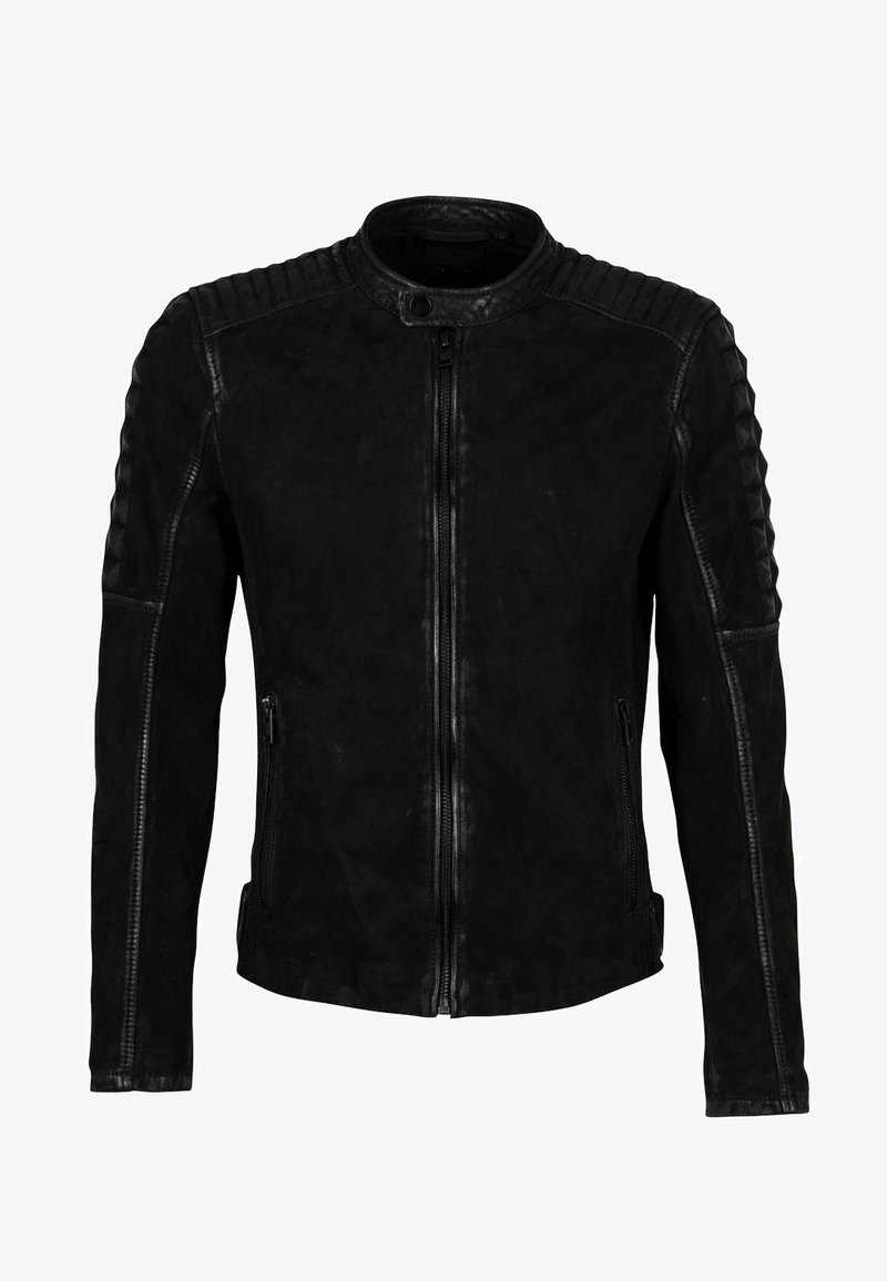 Giacca in pelle nera con zip frontale, dettagli trapuntati sulle spalle e due tasche laterali. Texture liscia con design aderente.