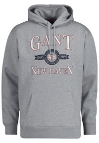 Felpa grigia con tasca frontale, con un grande logo che recita "GANT" e "NEW HAVEN" in colori contrastanti. Materiale misto cotone, stile pullover.