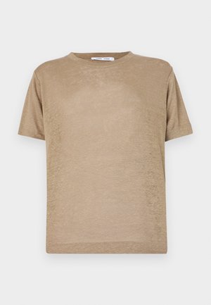 Camiseta bege de manga curta feita de tecido leve, com decote redondo e um corte descontraído, apresentando uma textura suave.