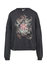 Ciemnoszara bluza o luźnym kroju, z geometrycznym wzorem w kolorze różowym i zielonym. Teksturowany materiał oraz ściągacze na rękawach i na dole.