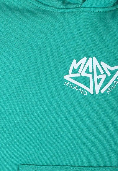 Felpa turchese realizzata in tessuto morbido, con tasca frontale e logo grafico bianco "MSGB MILANO" in un design audace.