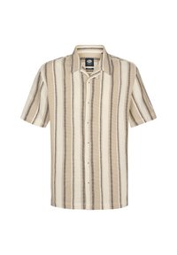 Kortærmet skjorte i creme med beige og mørkebrune lodrette striber, med krave og knaplukning, lavet af tekstureret stof.