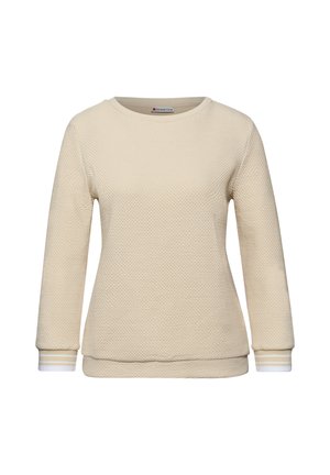 Pull beige texturé à manches longues avec col rond et poignets côtelés ornés de rayures blanches et beiges.