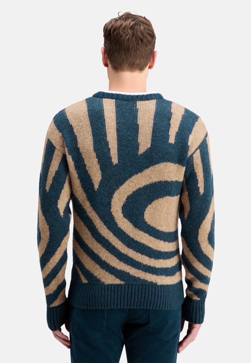 Strickpullover mit einem türkis- und sandfarbenen Wirbelmuster, Rundhalsausschnitt sowie gerippten Bündchen und Saum. Strukturierter Stoff mit weicher Haptik.