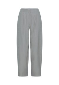 Lysegrå bukser med høj talje, plisseret front, brede lige ben og glat stoftekstur. Ingen synlige lommer eller pynt.