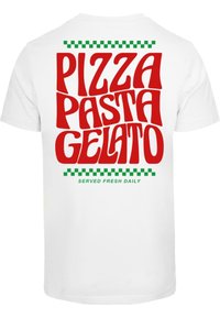 White T-shirt featuring bold red lettering saying "PIZZA PASTA GELATO" with green checkered accents and "SERVED FRESH DAILY" in green below.