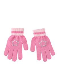 Roze gebreide handschoenen met een geribbelde manchette en een zilveren sterdetail op elke palm. De handschoenen hebben een zachte textuur en een casual ontwerp.