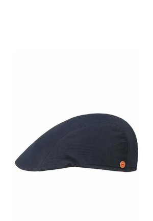Dark blue flat cap with a small round red and gold emblem on the side, shown in side profile on a white background.