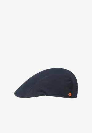Dark blue flat cap with a small round red and gold emblem on the side, shown in side profile on a white background.