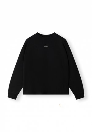 Zwarte sweatshirt met lange mouwen, ronde hals, cropped ontwerp en geribbelde mouwen. Bevat een klein wit tekstlogo aan de voorkant. Zachte stoftextuur.