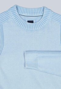 Helles blaues Strickpullover mit geripptem Rundhalsausschnitt und gerippten Manschetten, mit glatter Textur und kontrastierenden Strickmustern entlang der Schultern.