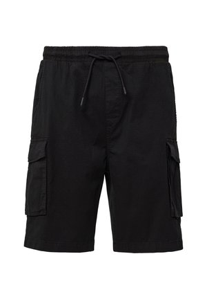 Schwarze Cargo-Shorts mit einem elastischen Bund und Kordelzug, Seitentaschen und zwei großen Cargo-Taschen an den Oberschenkeln.