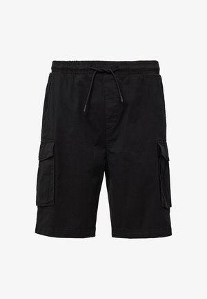Schwarze Cargo-Shorts mit einem elastischen Bund und Kordelzug, Seitentaschen und zwei großen Cargo-Taschen an den Oberschenkeln.