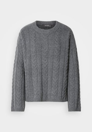 Gray cable-knit sweater with long sleeves and a round neckline. Features textured pattern and ribbed hem, made from a soft, warm material.