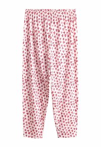 Růžové pyžamové kalhoty s elastickým pasem, zdobené rozptýleným vzorem srdcí v tmavších odstínech růžové, vyrobené z měkké, lehké látky.