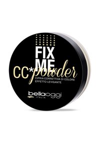 Polvere CC in un contenitore rotondo di colore nero, con testo dorato e decorazioni a forma di stella; texture liscia con un coperchio trasparente. Marca: Bellaoggi Italia.