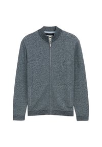 Grau Zip-Jacke mit hohem Kragen, aus strukturiertem Stoff gefertigt, mit zwei Seitentaschen und gerippten Bündchen und Saum.